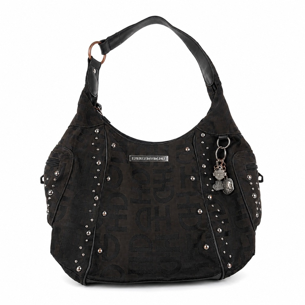 Harley Davidson Vintage Y2K Black Monogram Studded Hobo Shoulder Bag